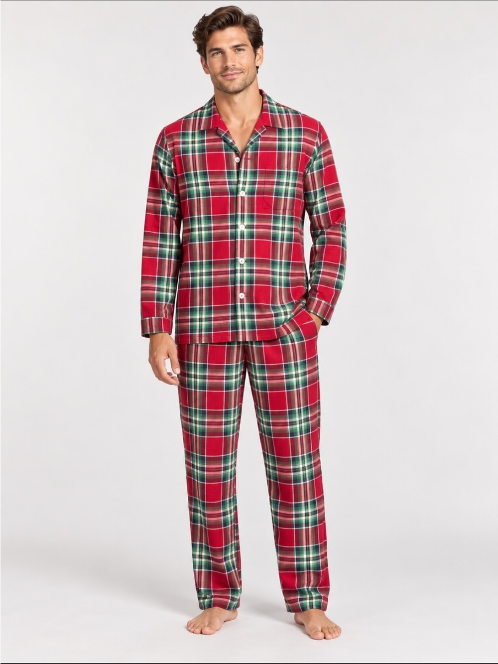 LandsEnd Men's 2 Piece 100% Cotton Flannel Pajama Set, Shirt and Pants